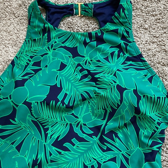Lands' End High Neck Navy & Green Palm Leaf Print One-Piece UPF Swimsuit sz XL - Picture 4 of 7